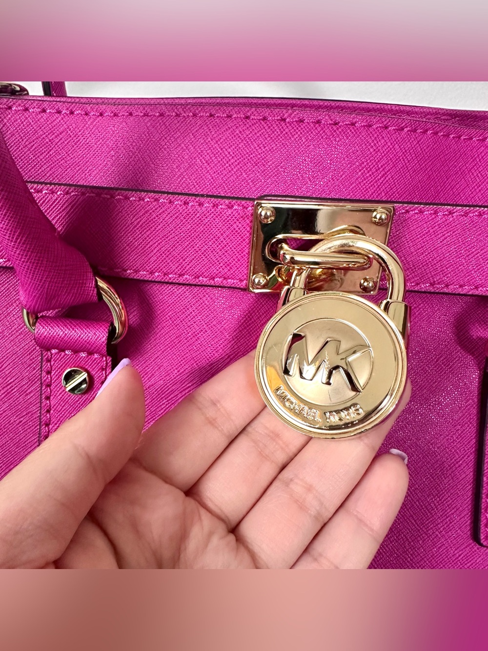 Vintage Hot Pink Michael Kors Hamilton Satchel Bag Gold Lock Charm Crossbody - Picture 7 of 11